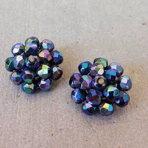 Aurora Borealis Vogue blue Rhinestone Cluster Bead Western Germany Clip On Earri